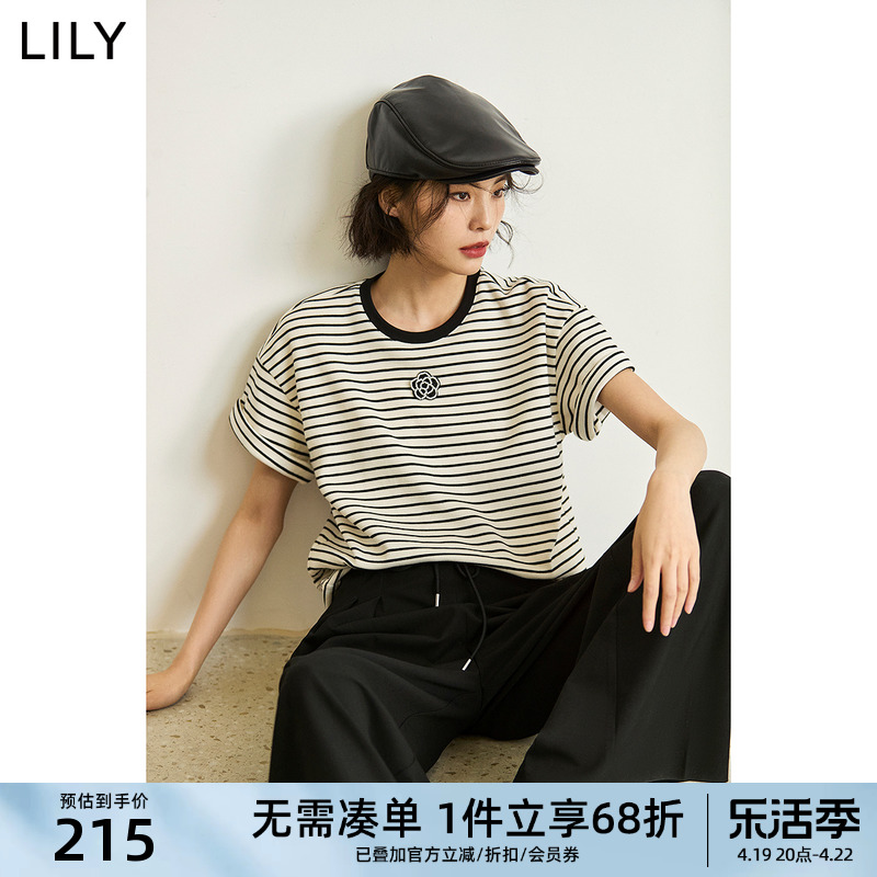 LILY2024夏新款女装时尚休闲通勤款百搭宽松舒适透气条纹短袖T恤