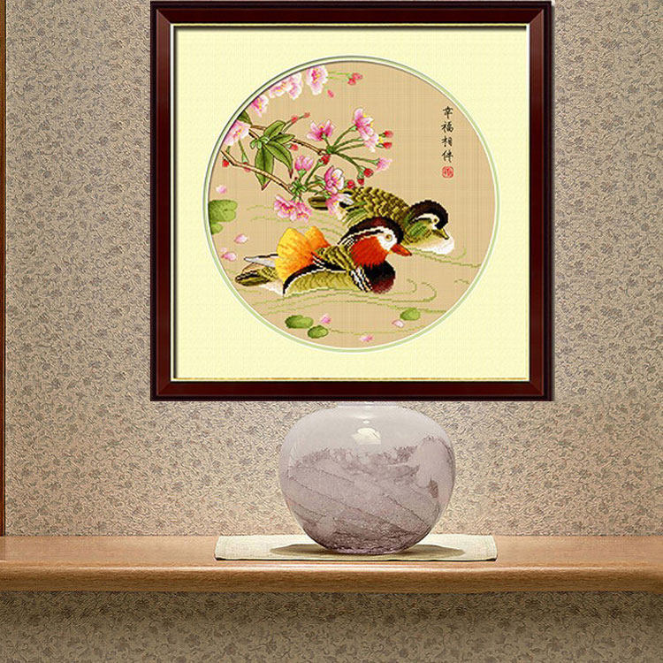 纯手工十字绣成品幸福相伴鸳鸯戏相守相依相伴醉晚风已绣好的出售