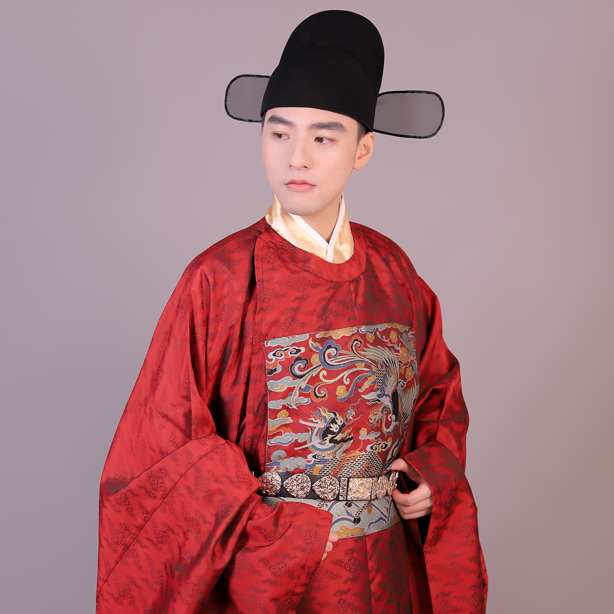 现货琉鱼汉服麟鸾千秋义领明制圆领方补仿妆花尖摆暗纹缎男款原创