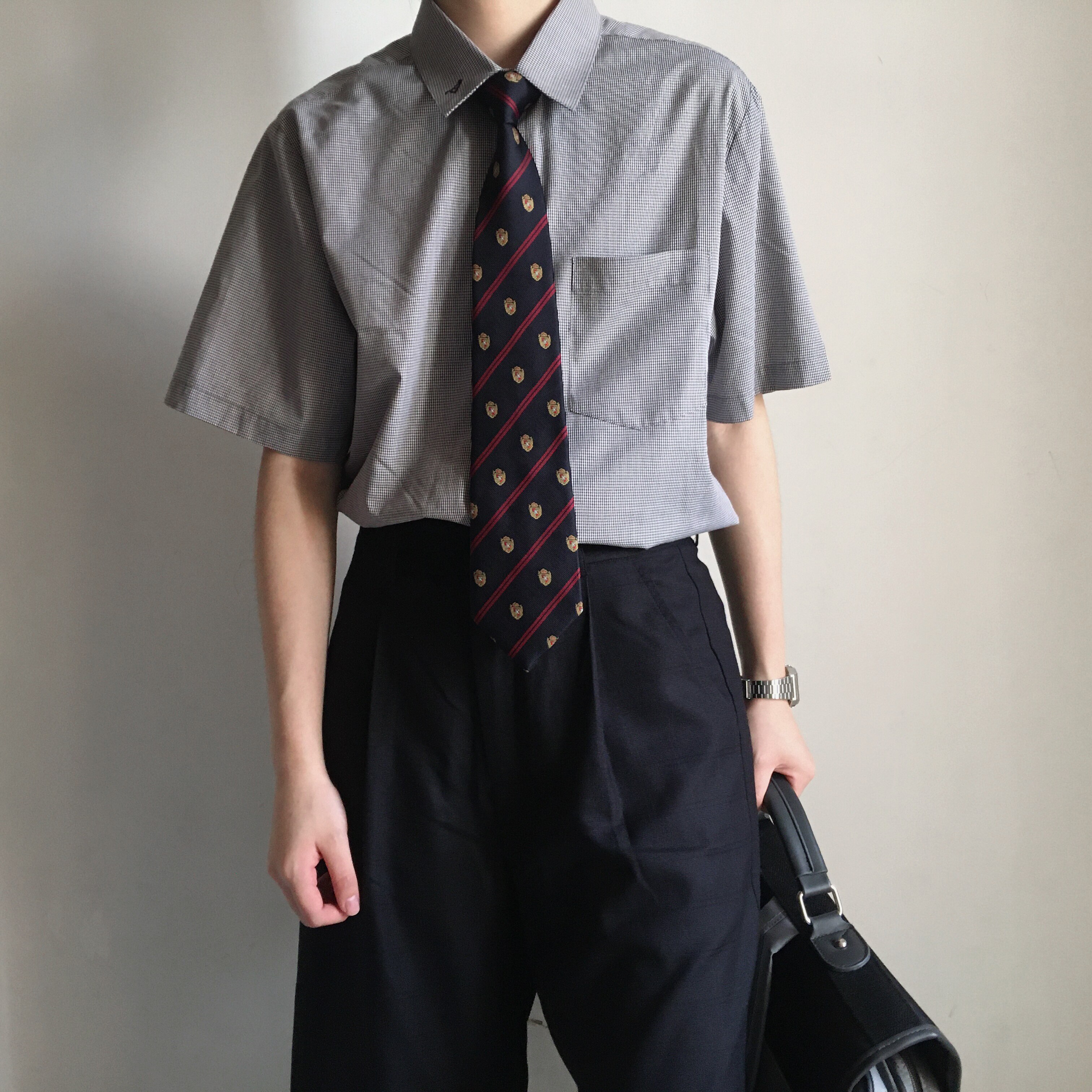 anzmo贩卖元气原创黑白格子短袖尖领衬衫 jk/dk制服衬衫 - anzmo贩卖