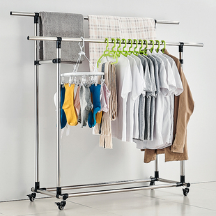 不锈钢晾衣架移动落地双杆家用阳台卧室内晾晒神器挂衣服被子架子