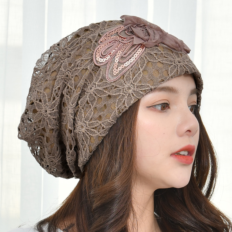 花朵蕾丝帽子镂空包头帽春夏秋头巾堆堆帽女薄款时尚妈妈帽中老年