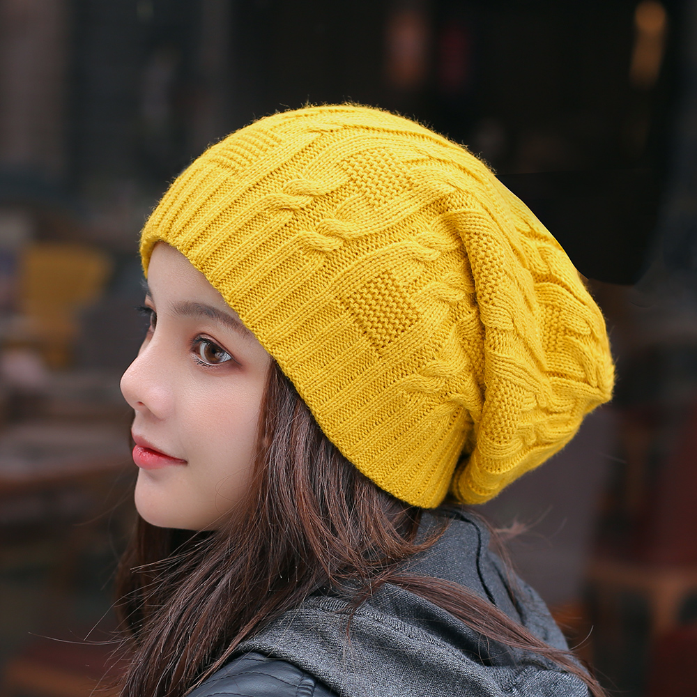 毛线帽女秋冬季包头帽黄色堆堆帽时尚纯色堆堆帽青年双层保暖帽子