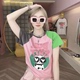 2023夏季新款时尚拼接撞色圆领T恤韩版气质显瘦猫咪字母印花上衣