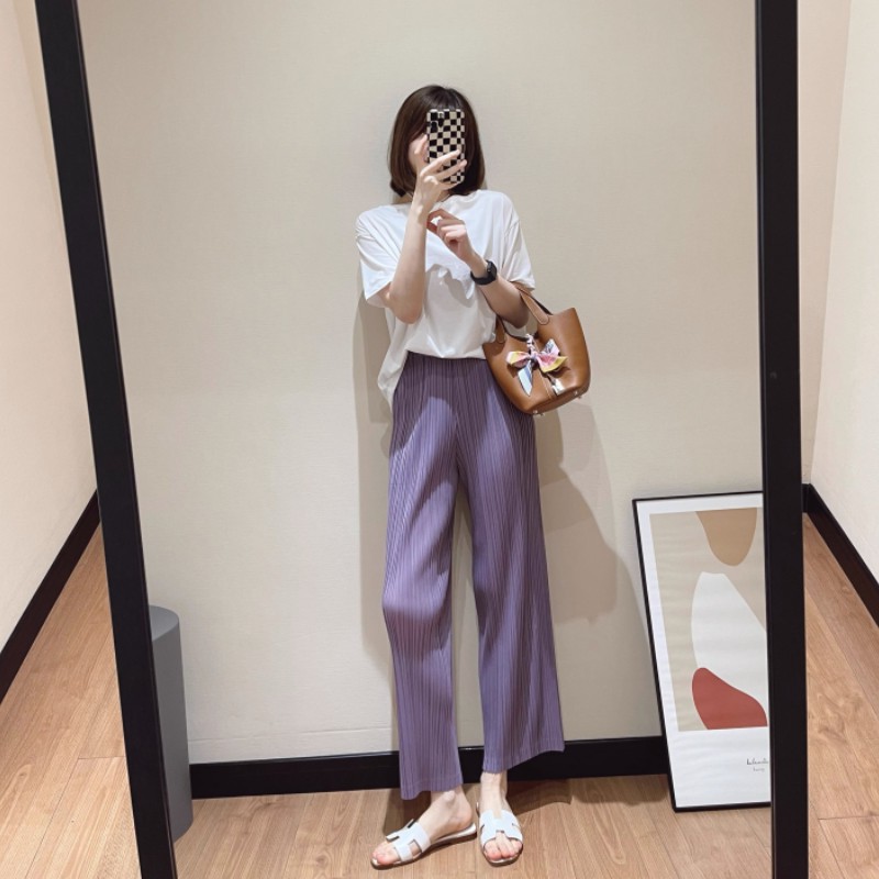 紫色百褶阔腿裤女夏季冰丝薄款凉凉裤