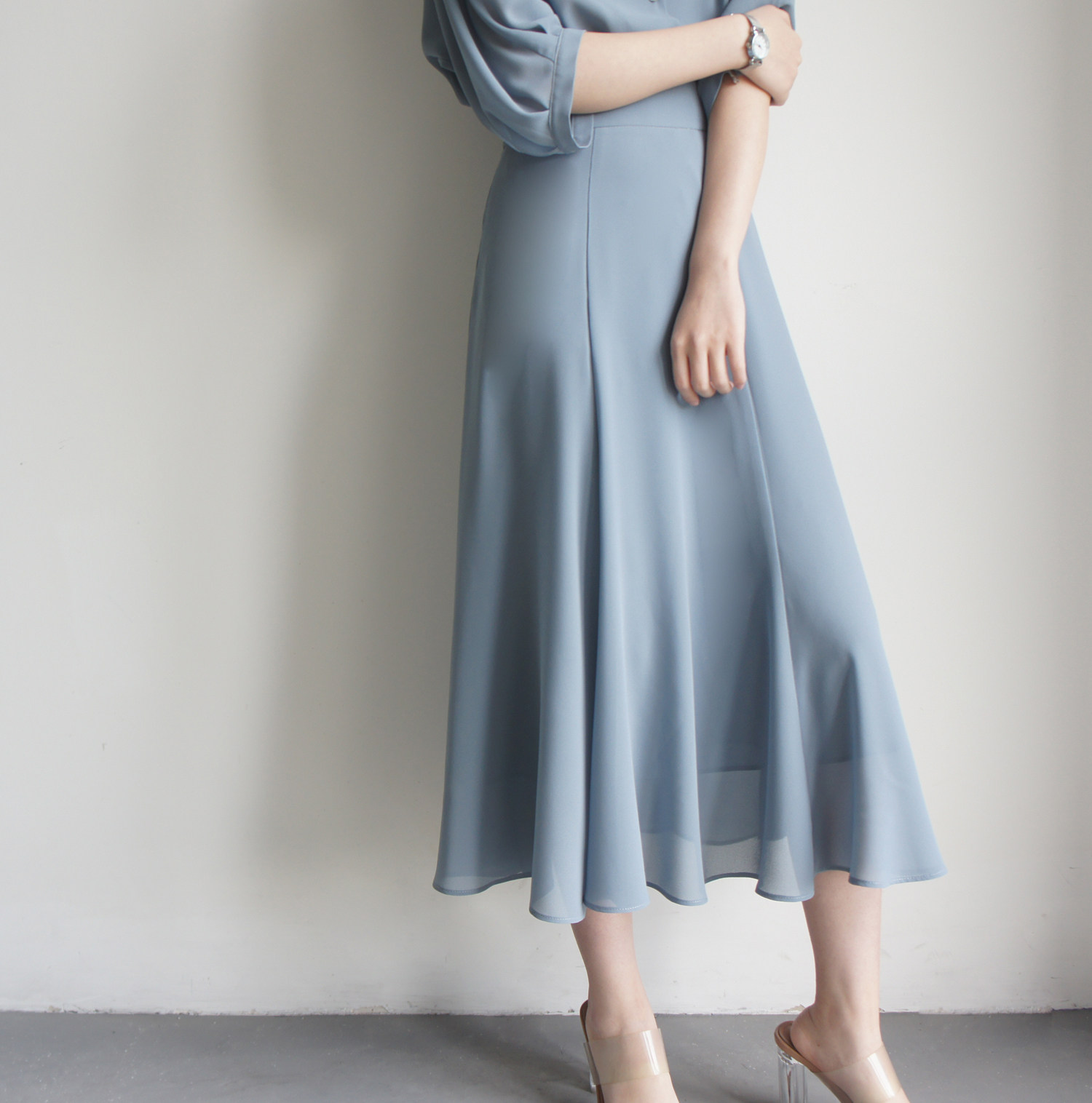 jojoz雾霾蓝高腰多片式过膝半身裙雪纺轻薄飘逸女下装chic温柔