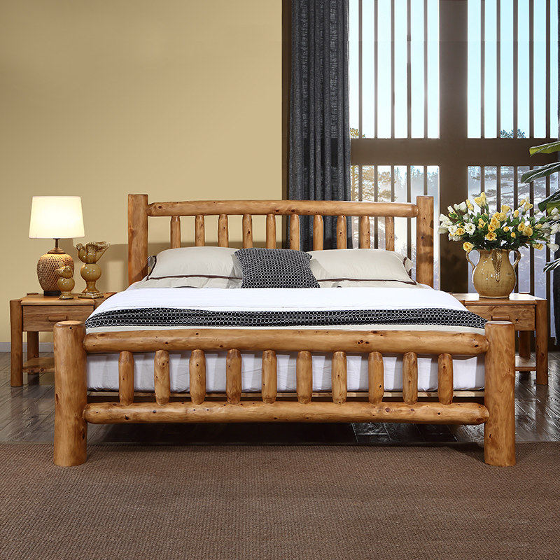 民宿柏木实木床1米8田园床双人床储物床原木1.5m床现代简约高箱床