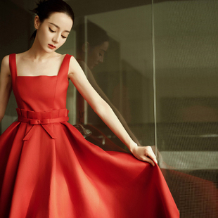 欧洲站2024年夏装新款红色无袖露肩吊带礼服连衣裙优雅气质公主裙
