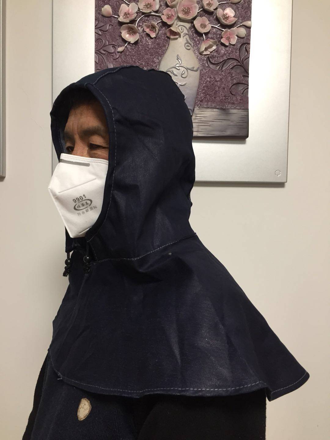 春夏季黑色牛仔布有帽檐披肩帽劳保搬运防尘帽工作防护风帽男女