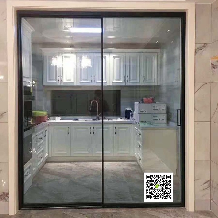 长沙热卖黑色极窄边推拉门细框轻奢吊趟三联动转角阳台厨房吊门已售