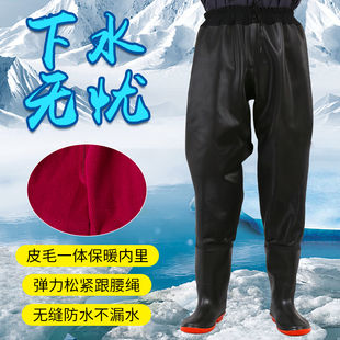 冬季长筒过膝棉水鞋男女钓鱼养殖加绒加厚保暖雨鞋半身一体棉腰裤