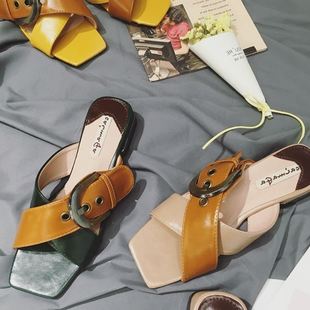 gucci和loewe皮帶 2020夏季新款時尚交叉帶皮帶扣一字拖鞋女百搭韓版女鞋潮方頭外穿 loewe皮