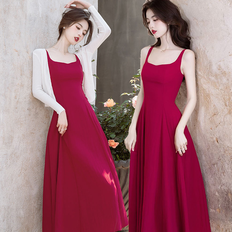 套装复古裙子2024夏装新款针织开衫外套红色吊带连衣裙两件套女