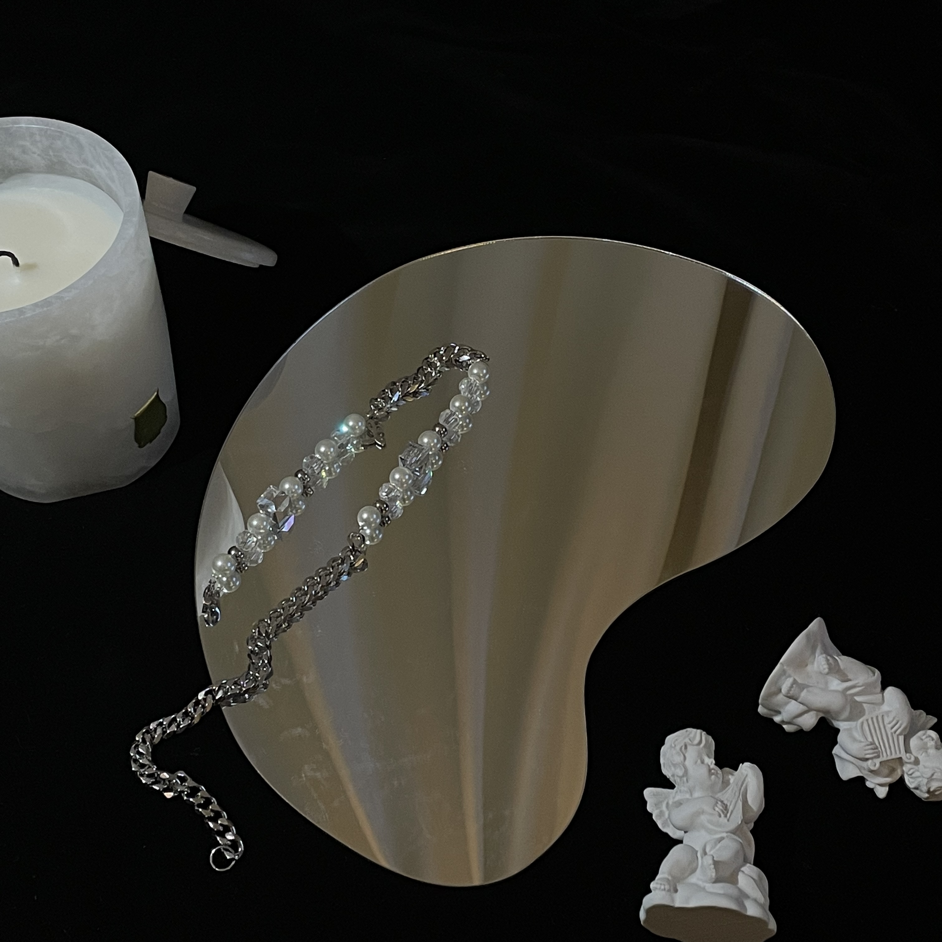 420CLUB 珍珠水晶银色珠子链条组合拼接方块冰块闪钻项链LYS VANN