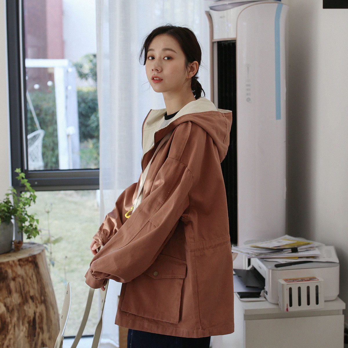 工装外套女中长款春秋_三木社 日系工装连帽风衣女中长款学院风宽松