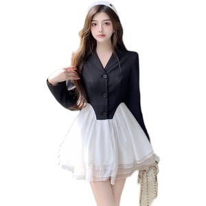 Real price real shooting pure desire style suit collar long sleeve layered skirt stitched high waist dress