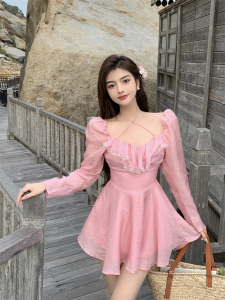 Real price real shot hanging neck long sleeve Square Neck Lace Edge wrinkled off shoulder high waist A-shaped dress