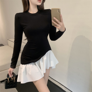 Real price real shot round neck long sleeve stitching irregular slim dress