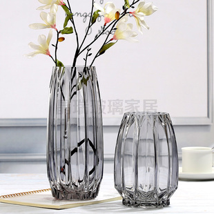 手工几何竖棱玻璃花瓶透明创意彩色桌面水养欧式鲜花干花富贵竹