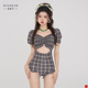 RL洛丽卡泳衣女2023新款格子保守连体短袖可爱微胖显瘦泡温泉泳装