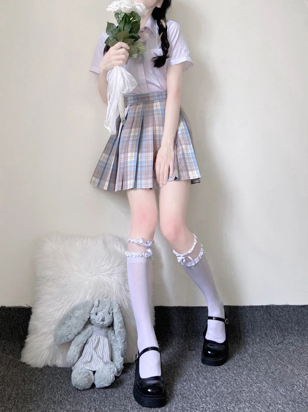 日系甜美双层花边镂空拼接天鹅绒小腿袜黑白丝袜可爱俏皮少女jk袜