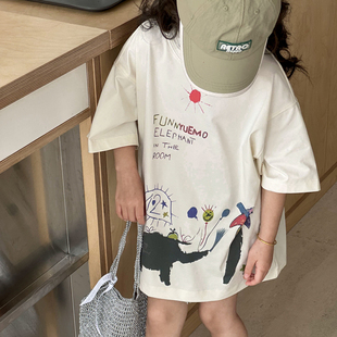 女童夏装2024新款韩版儿童短袖T恤夏中大童宽松休闲洋气涂鸦上衣