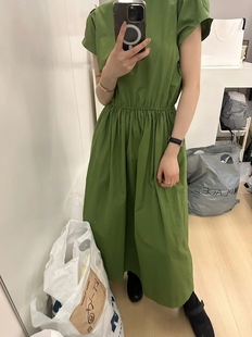 韩国代购甜美森系少女草绿色收腰短袖棉质长款连衣裙
