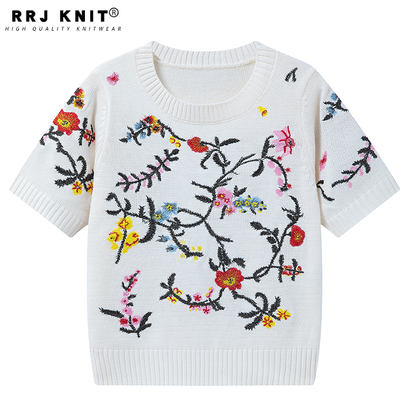 RRJ/KNIT重工刺绣花朵藤条高级感小众别致上衣复古圆领短款T恤女