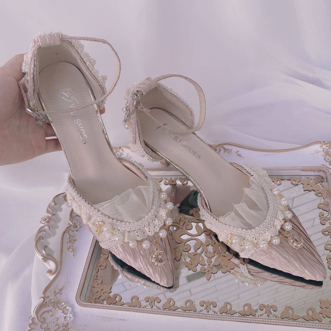 少女心lolita手作尖头优雅华丽高跟lo鞋褐色偏粉古典玩偶花嫁鞋子