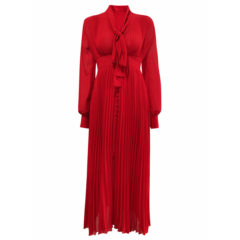 玫瑰红百褶珍珠雪纺蝴蝶结系带手工包扣连衣裙 - reve芮芙高定女装