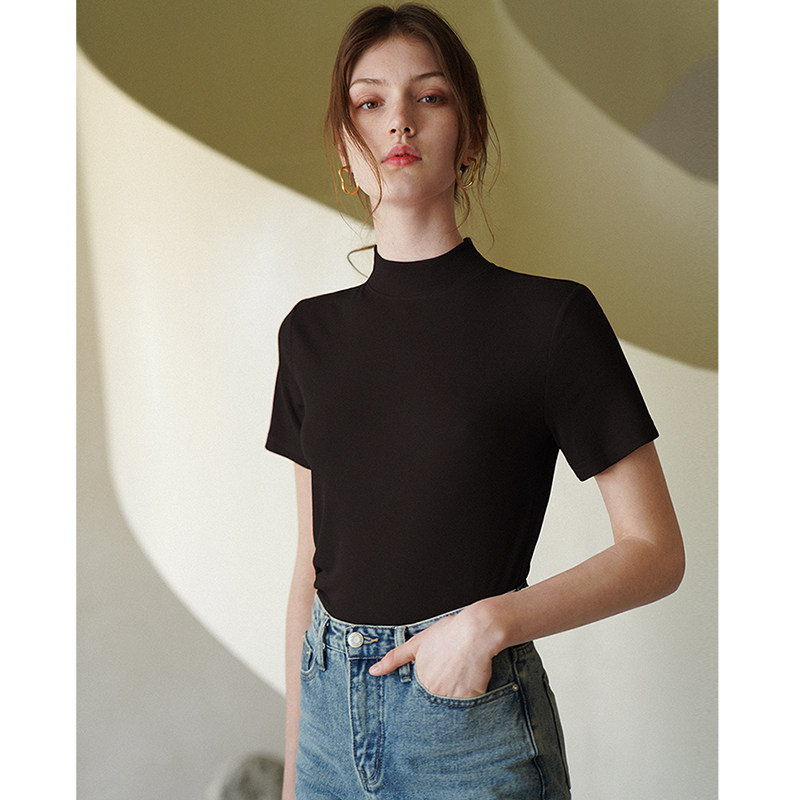 徐莫西 法式复古简约风半高领修身显瘦短袖打底衫t恤女夏款上衣