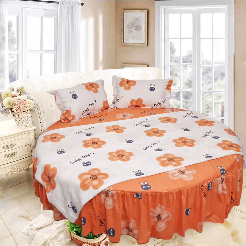 纯棉全棉白橘色AB版花卉圆床四件套被套床裙式圆床单圆形圆床罩
