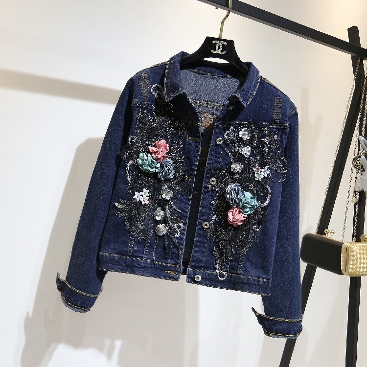 欧洲站2021年秋冬女装新款外套时尚刺绣花朵重工牛仔衣服显瘦潮优惠券