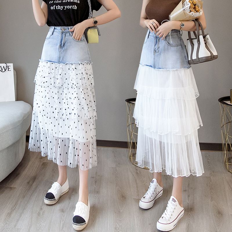 网纱波点牛仔裙裙子中长款女春夏复古a字蛋糕裙层层很仙的半身裙在类目 女装/女士精品, 半身裙中 - 来自Buy2taobao.com提供专业的淘宝代购服务
