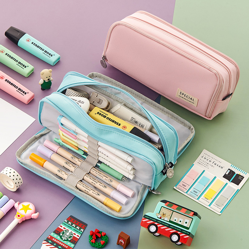 安蔻大容量笔袋多层简约纯色帆布大中小学生文具盒日系多功能笔盒