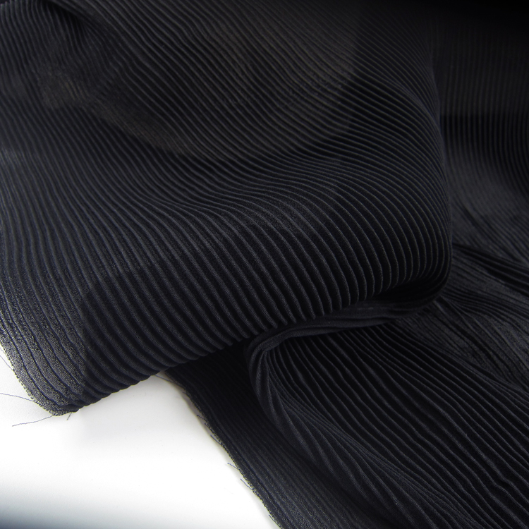 服装布料黑色风琴百褶压皱珍珠雪纺半身长连衣裙面料细牙签褶