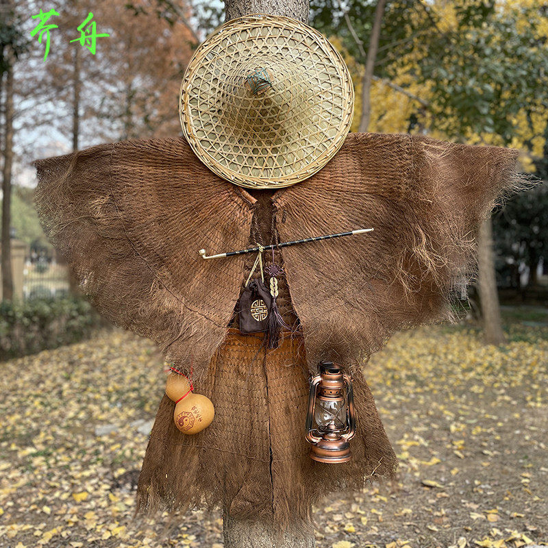 蓑衣棕榈雨披墙饰斗笠油灯草鞋手工编织挂件农家乐可穿复古中国风