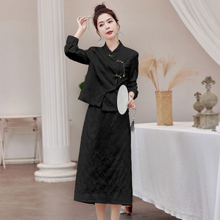 黑色新中式女装国风套装2024新款春款外套小个子时尚气质两件套裙