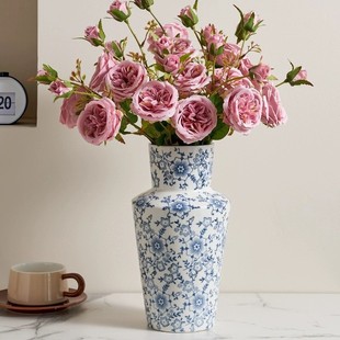 新中式青花陶瓷花瓶创意复古干花仿真花插花器皿客厅玄关摆件