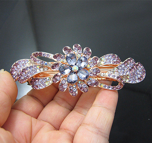 包邮新款花朵水晶水钻横夹发夹弹簧夹发饰头饰顶夹送妈妈礼物