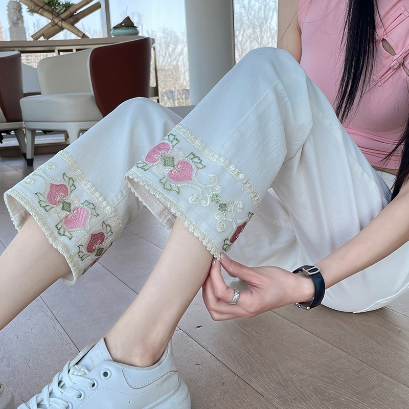 新中式国风刺绣牛仔裤女夏季薄款阔腿小个子八分九分蕾丝边直筒裤