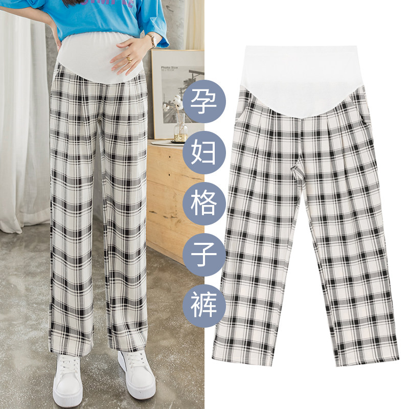 实拍孕妇格子裤新款拖地裤夏季宽松显瘦垂感棉麻休闲阔腿裤西装裤