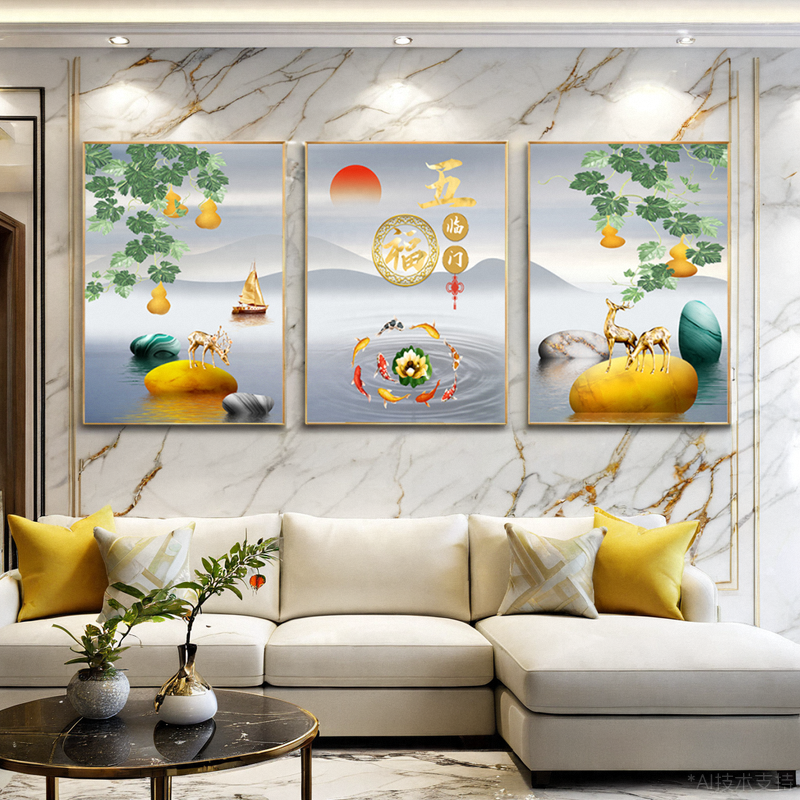 金色葫芦装饰画五福临门楼梯壁画福禄双全中式客厅沙发背景墙挂画