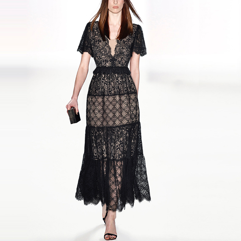 法式优雅2024年夏季新款高级感黑色蕾丝长裙性感V领短袖连衣裙潮