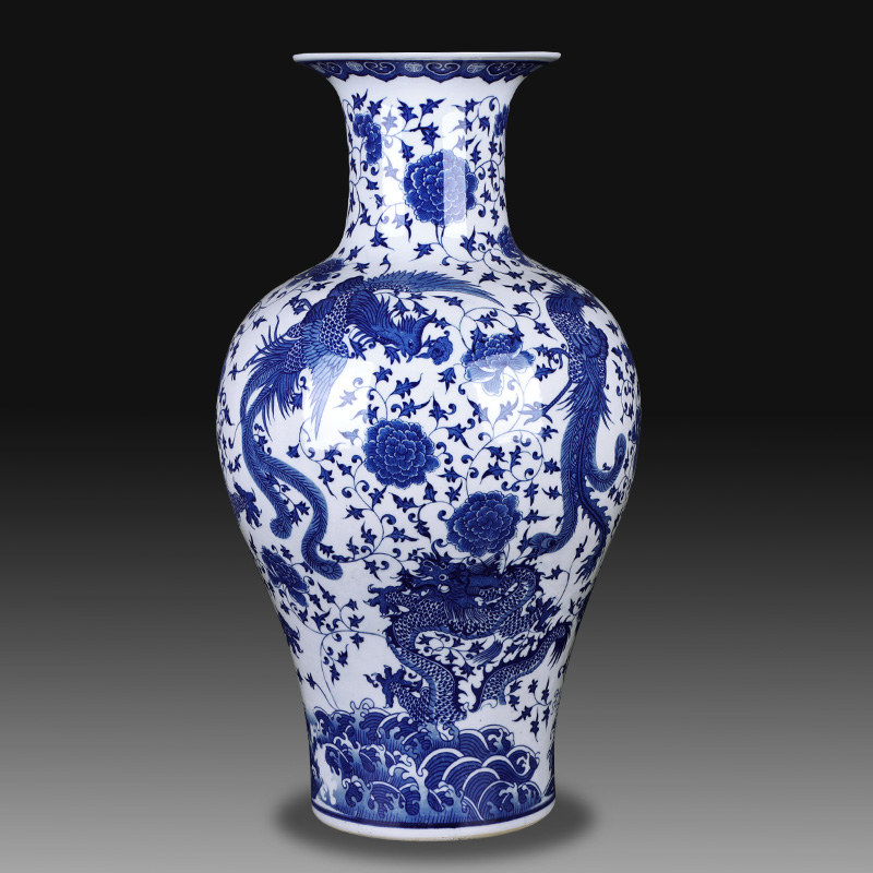 景德镇陶瓷器仿古青花瓷龙纹鱼尾瓶大花瓶中式家居客厅酒柜工艺品