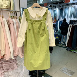 宽松森日系背带裙两件套女2024春季新款法式甜美小个子绿色连衣裙