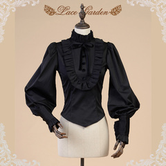 【蕾丝花园】自制原创品牌 复古宫廷灯笼袖修身黑色长袖衬衫现货