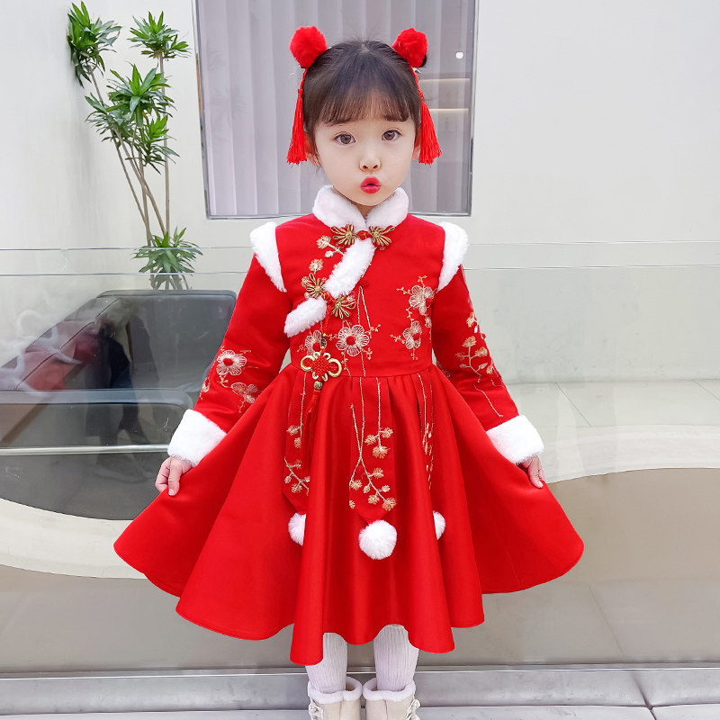 儿童公主宝宝旗袍中小童新年大童装女童红色连衣裙子加绒拜年服冬