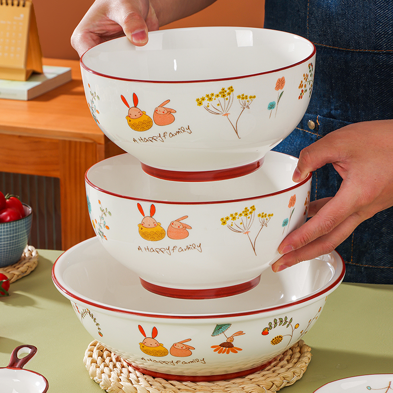 新款家用大碗陶瓷汤碗卡通简约大面碗创意大号汤盆炖菜碗餐具套装