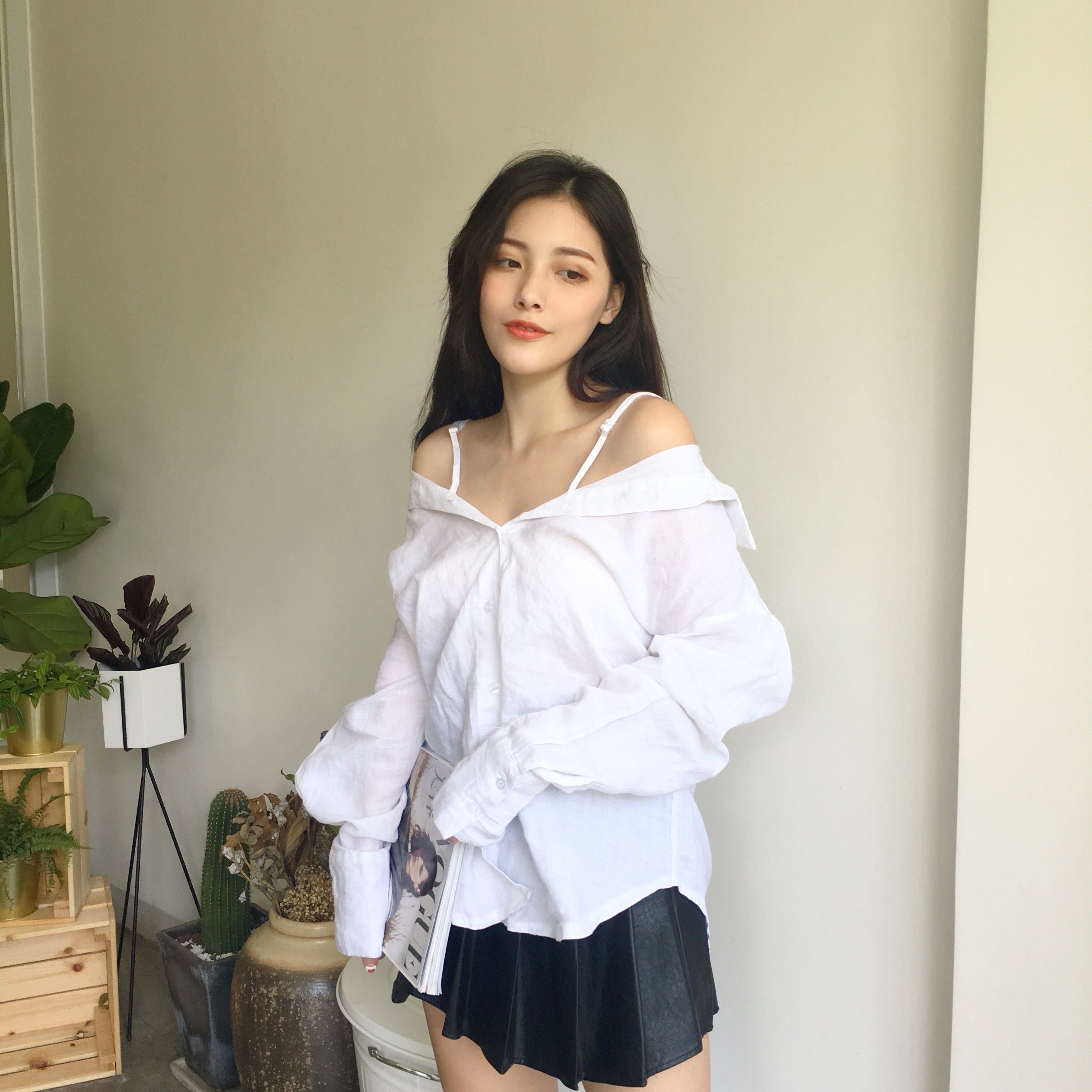 实拍!百搭长袖露肩衬衣